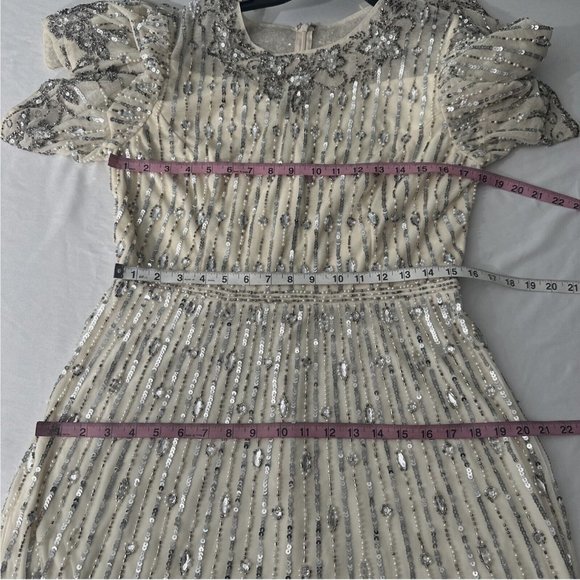 NWT $578 Mac Duggal [ 10 ] Embellished Beaded Flounce Sleeve Midi Dress‎ Cream - Picture 3 of 15